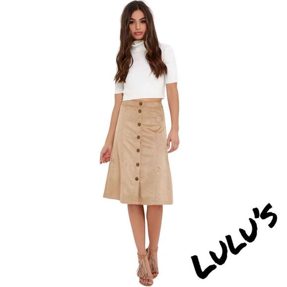LULU’S Gimme Jive Beige Suede Midi Skirt w/ button closure, Size S - Picture 1 of 7